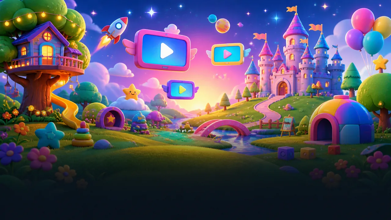 Colorful family friendly kids entertainment world with magical cartoon scenery